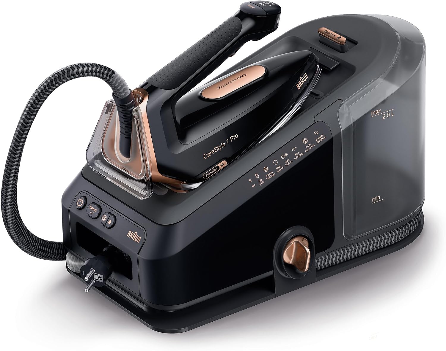 Braun CareStyle 7 Pro Steam Generator Iron 2700W with 8-Bar Boiler Pressure & World’s First Ergonomic Certification, FreeGlide 3D EloxalPlus Soleplate & Smart iCare Mode - Black & Gold