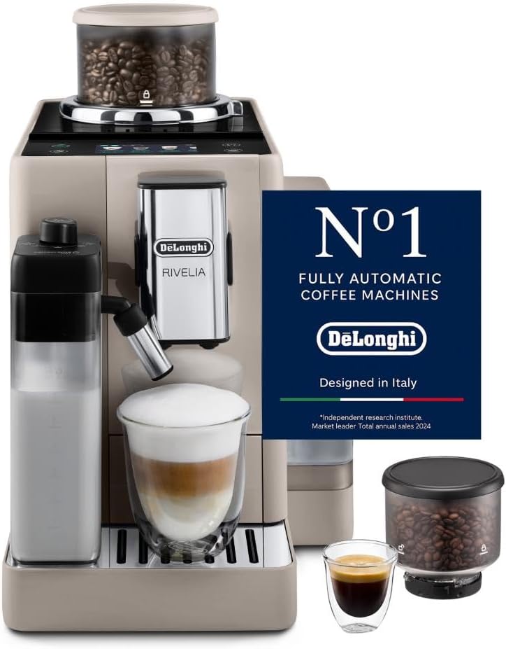 De'Longhi Rivelia Fully Automatic Espresso Machine 1450W with Bean Switch System, 3.5-Inch Full Touch Color Display & LatteCrema Hot Technology - Sand Beige