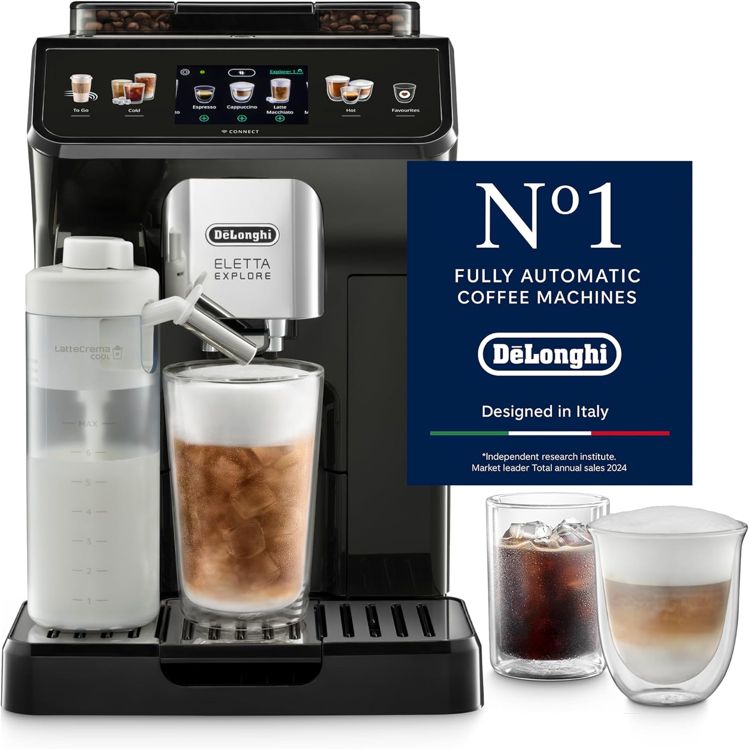 De'Longhi Cold Brew Coffee Machine ELETTA EXPLORE Fully Automatic Espresso Machine with 50+ Hot & Cold Beverages, Cold Extraction Technology, Color Touch Display, 13 Grinder Settings