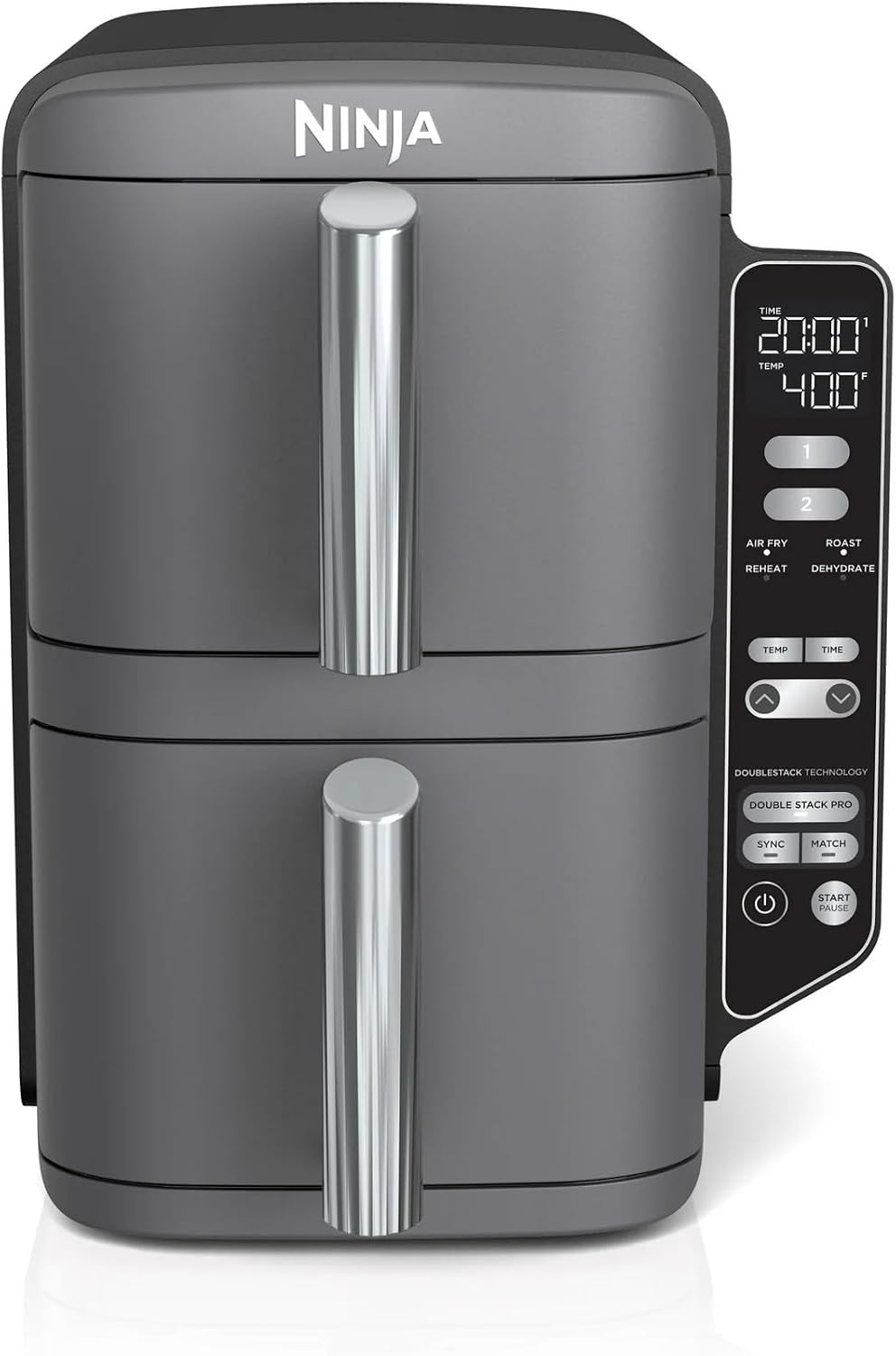 Ninja SL400 DoubleStack XL 2-Basket Air Fryer, Cooks 4 Foods at Once, Compact Design, 10 QT, 4-in-1, Smart Finish & Match Cook, Air Fry, Broil, Bake, Easy Meals, Easy Clean, Grey (Renewed)