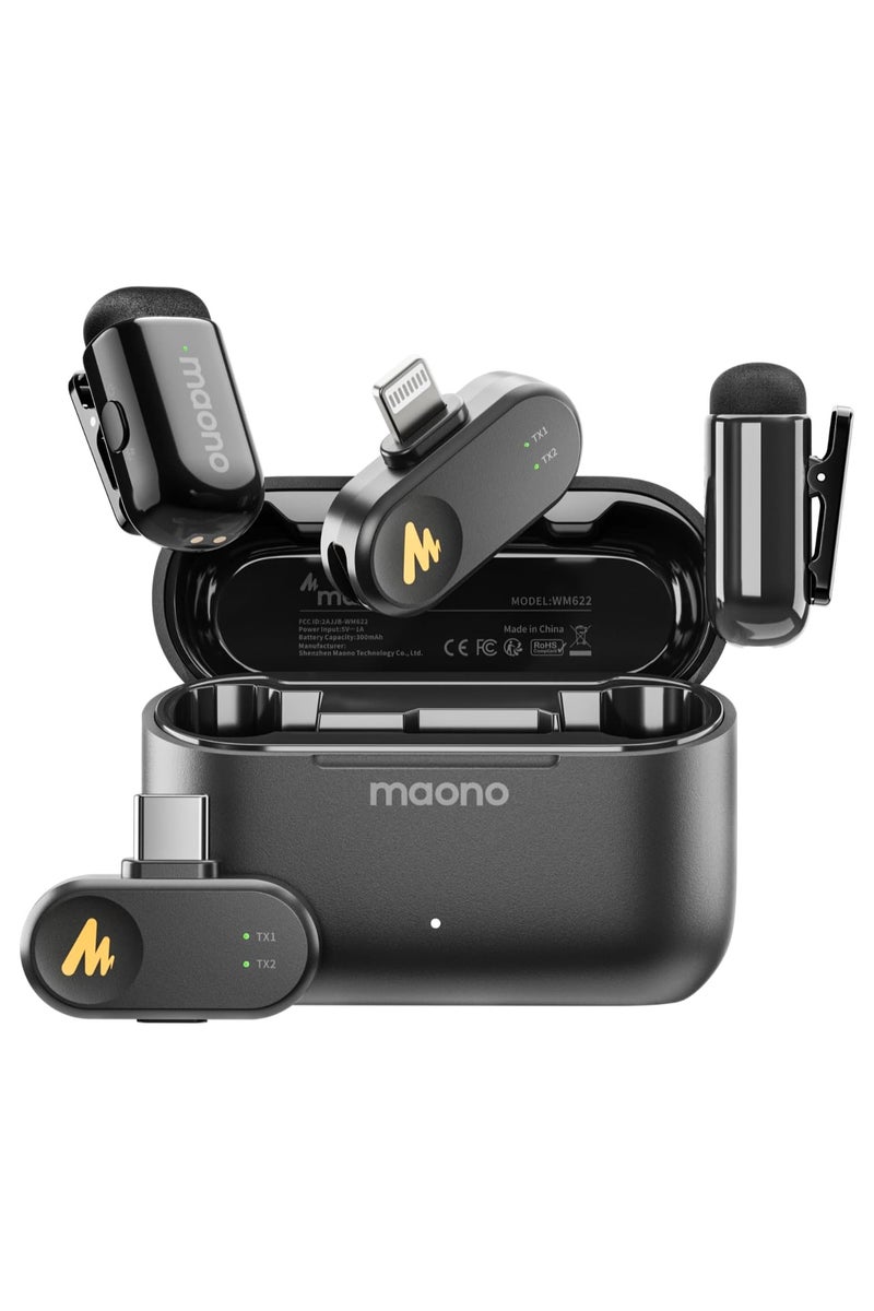 MAONO WM622 - PBC2 Wave T1 Mini Wireless Lavalier Microphone – ثنائي USB - C ونظام استقبال البرق مع إلغاء الضوضاء، والتقاط صوتي واضح، وميكروفون تسجيل مشبك، وميكروفون طية صدر السترة اللاسلكي، وميكروفون الهاتف الذكي لتدوين الفيديو والمقابلات