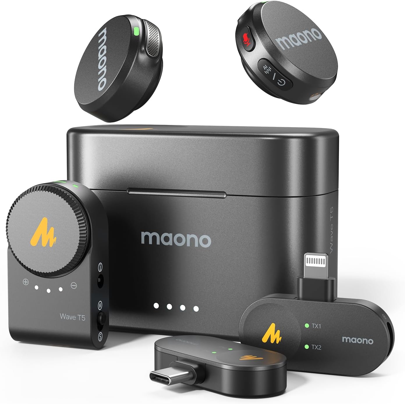 ميكروفون لاسلكي Lavalier من MAONO لأجهزة iPhone/Android/Camera/PC، ميكروفون طية صدر السترة صغير مع 48 كيلو هرتز 24 بت، مرشح صوتي، إلغاء الضوضاء، بطارية 30 ساعة، USB - C/قابس البرق لتسجيل الفيديو - Wave T5