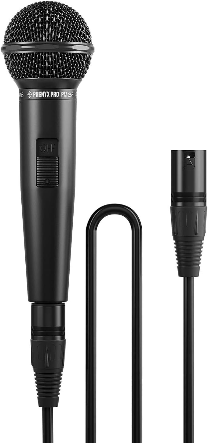 فينيكس برو ميكروفون صوتي ديناميكي، ميكروفون قلبي مع مفتاح تشغيل/إيقاف، كابل XLR 16.4 قدم، مشبك ميكروفون، حقيبة تخزين، ميكروفون سلكي محمول للغناء، مرحلة، استوديو، كاريوكي (PM -25S)