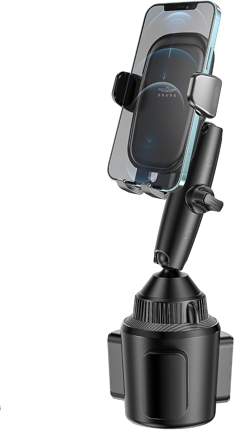 BRAVE Car Cup Phone Holder Mount | Adjustable Long Arm (10.6") 360° Rotatable Stand | One-Button Release Hands-Free Mobile Cradle for Car, Truck, SUV - Fits iPhone 17/16 Pro Max - Black