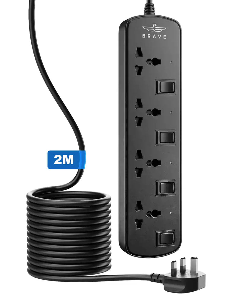 BRAVE BPS-04 4-Way Universal Power Strip 3250W 13A, 2M Heavy-Duty Extension Cord, Individual Switches, Child Safety, ESMA Certified - Black