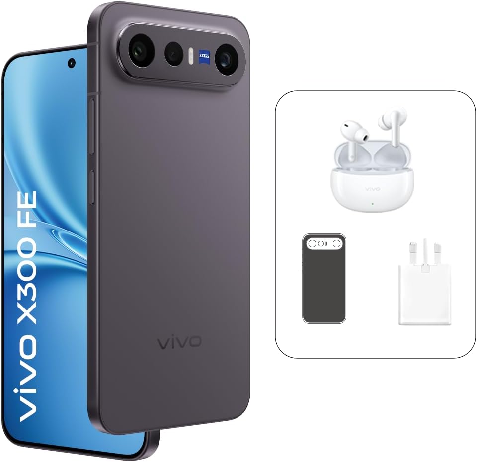 هاتف vivo X300 FE 5G (لون أسود، ذاكرة 12 جيجابايت + 256 جيجابايت)، شاشة AMOLED بدقة 1.5K، كاميرا ZEISS بدقة 50 ميجابكسل، بطارية بسعة 6500 مللي أمبير في الساعة، معالج Snapdragon 8 Elite Gen 5، معيار IP69، ضمان لمدة 24 شهراً، خدمة استبدال الشاشة لمدة 12 شهر