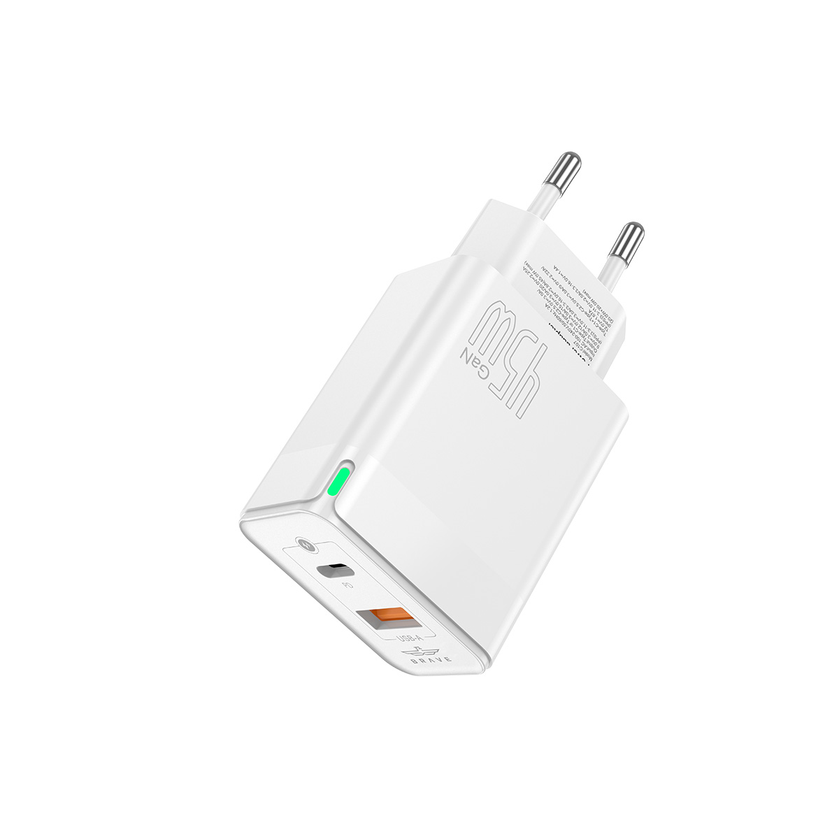 شاحن سريع BRAVE BTC-25 بقدرة 45 واط GaN - منفذين PD 3.0 تايب-C + USB-A، قابس أوروبي، مع كابل تايب-C إلى لايتنينغ - أبيض