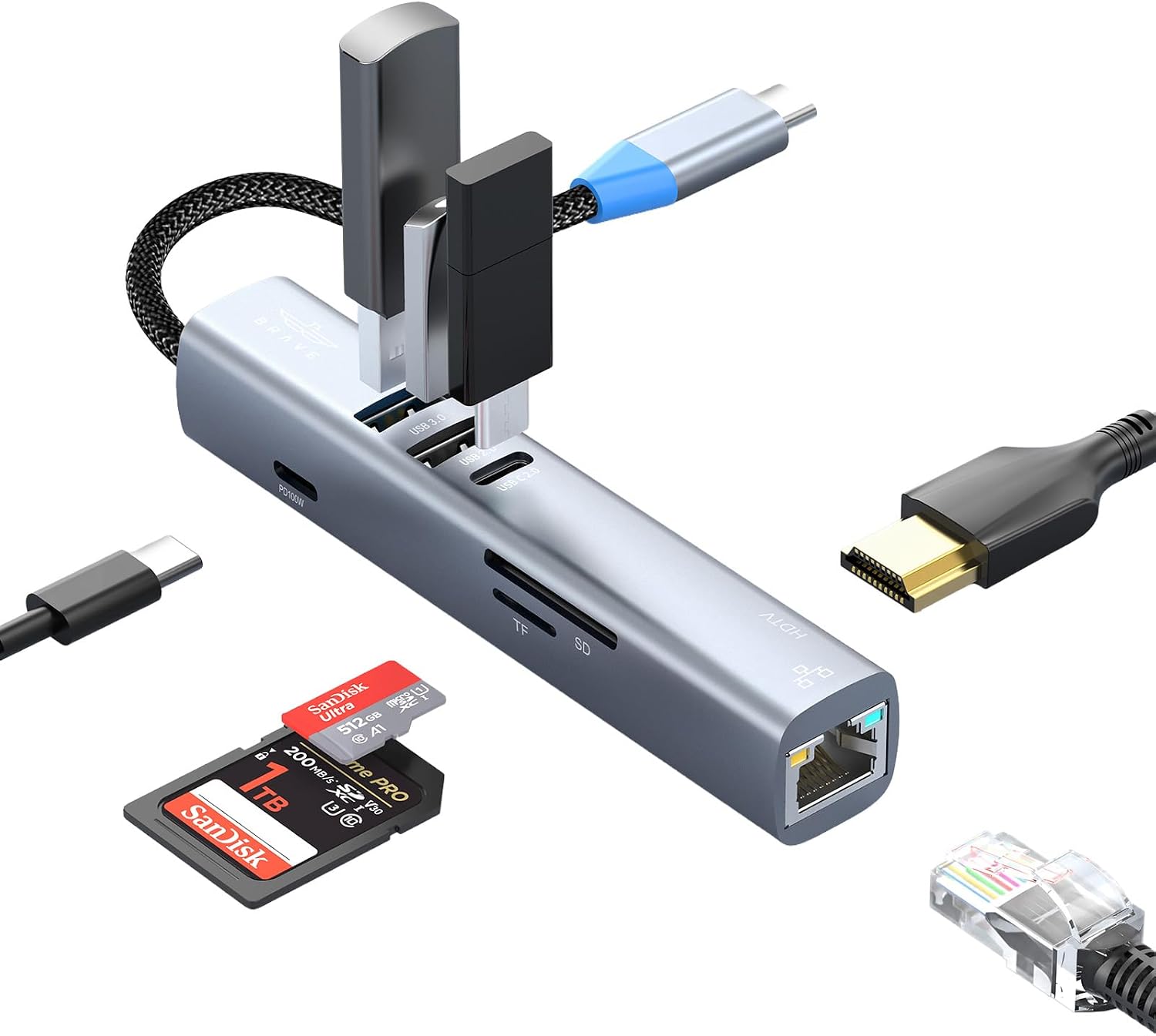 محور BRAVE متعدد المنافذ 8 في 1 USB C | محول Type-C من الألمنيوم مع HDMI بدقة 4K، شحن PD بقوة 100 واط، إيثرنت RJ45، USB 3.0/2.0، قارئ بطاقات SD/TF | لماك بوك برو، آيفون 17، ويندوز - فضي (BH-08)