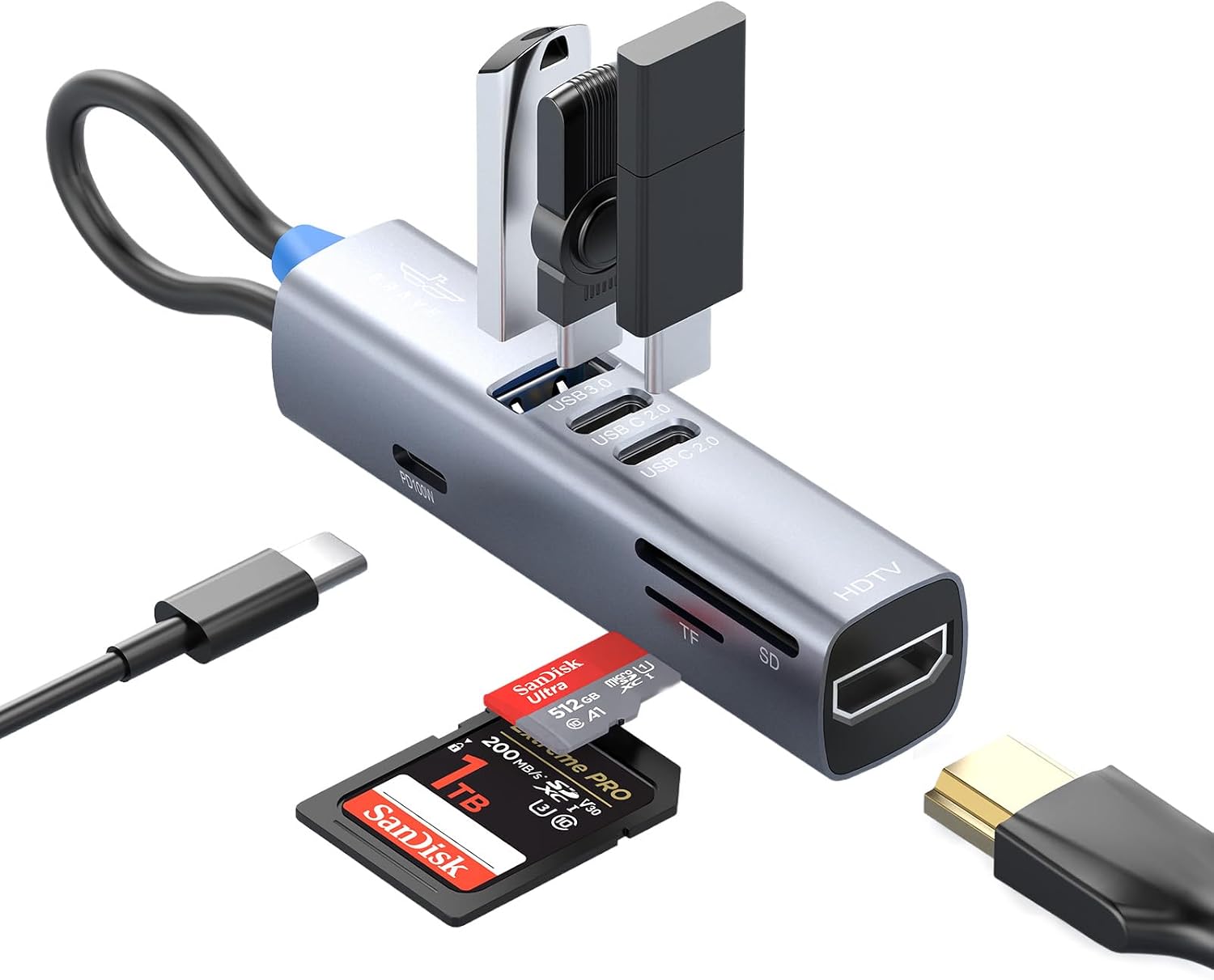 BRAVE محول USB C متعدد المنافذ 7 في 1، HDMI بدقة 4K، USB 3.0 بسرعة 5Gbps، نقل بيانات USB-C وشحن PD، قارئ بطاقات SD/TF، دونجل ألومنيوم لماك بوك برو وآير M3، آيباد، آيفون 17، ويندوز فضي، BraveLink BH-07