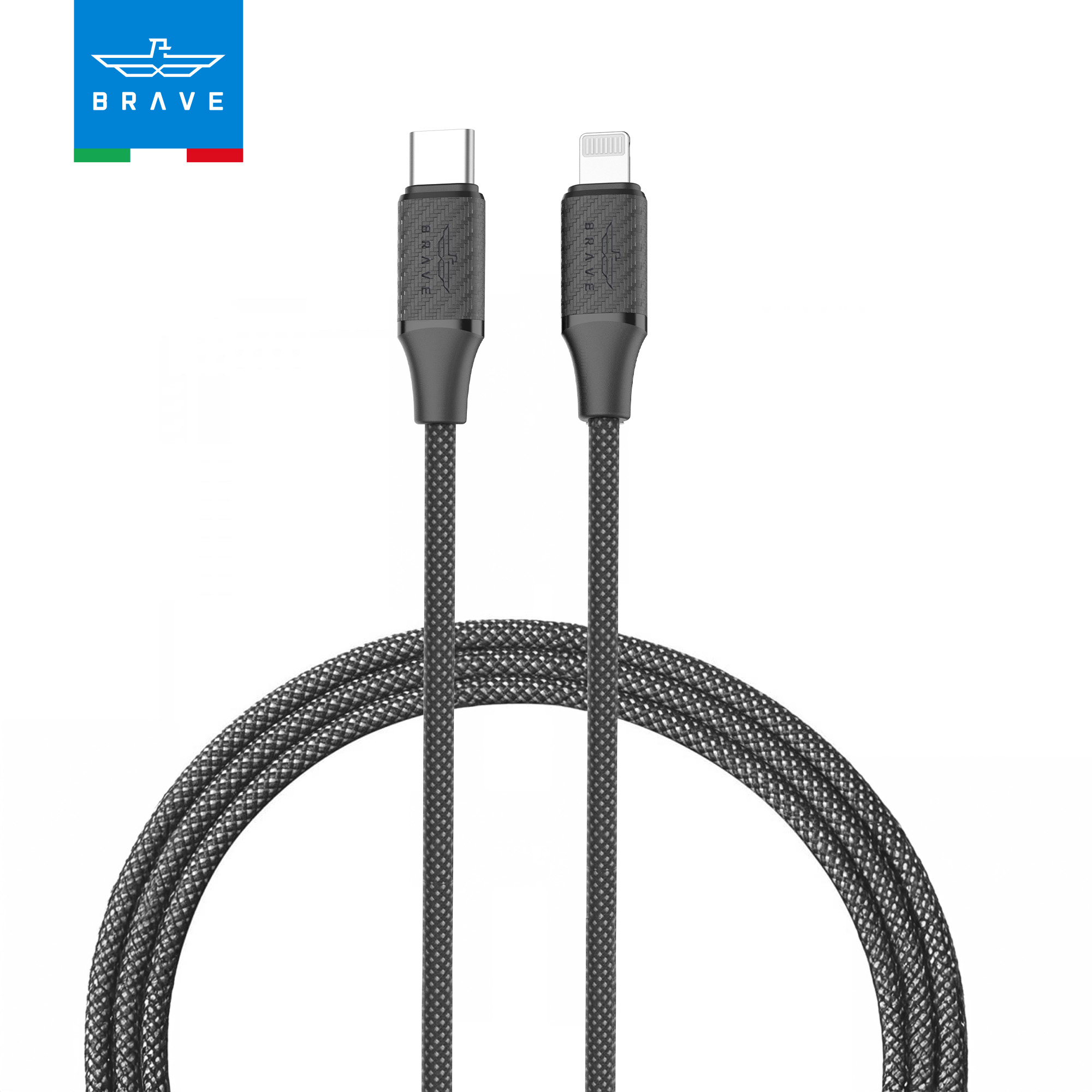 كابل BRAVE BDC-47 من نوع C إلى Lightning للشحن السريع 30 واط مضفر بطول 1 متر لهاتف iPhone 14 - أسود