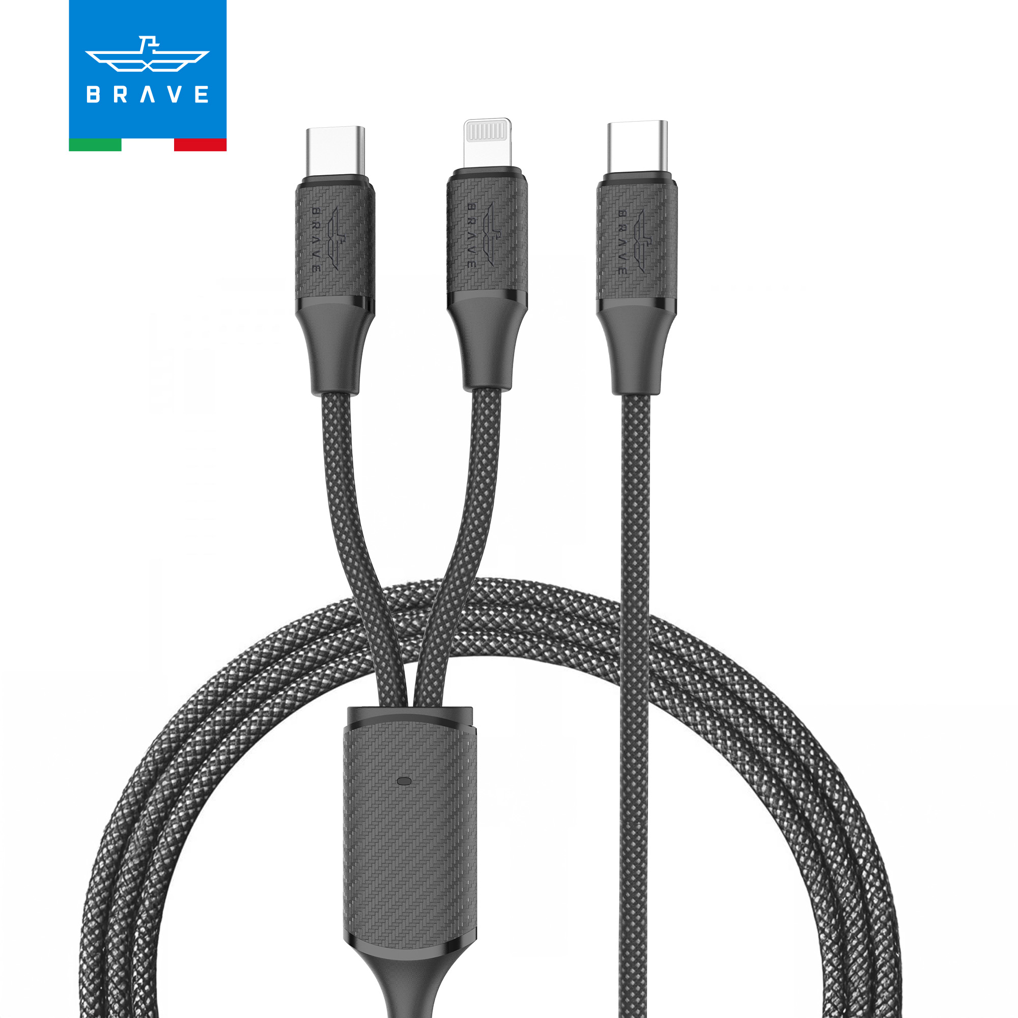 كابل BRAVE BDC-45 2 في 1 من USB-C إلى USB-C وLightning لشحن سريع 60 واط، مضفر، لهواتف iPhone 16 وSamsung وMacBook بطول 1.2 متر - أسود