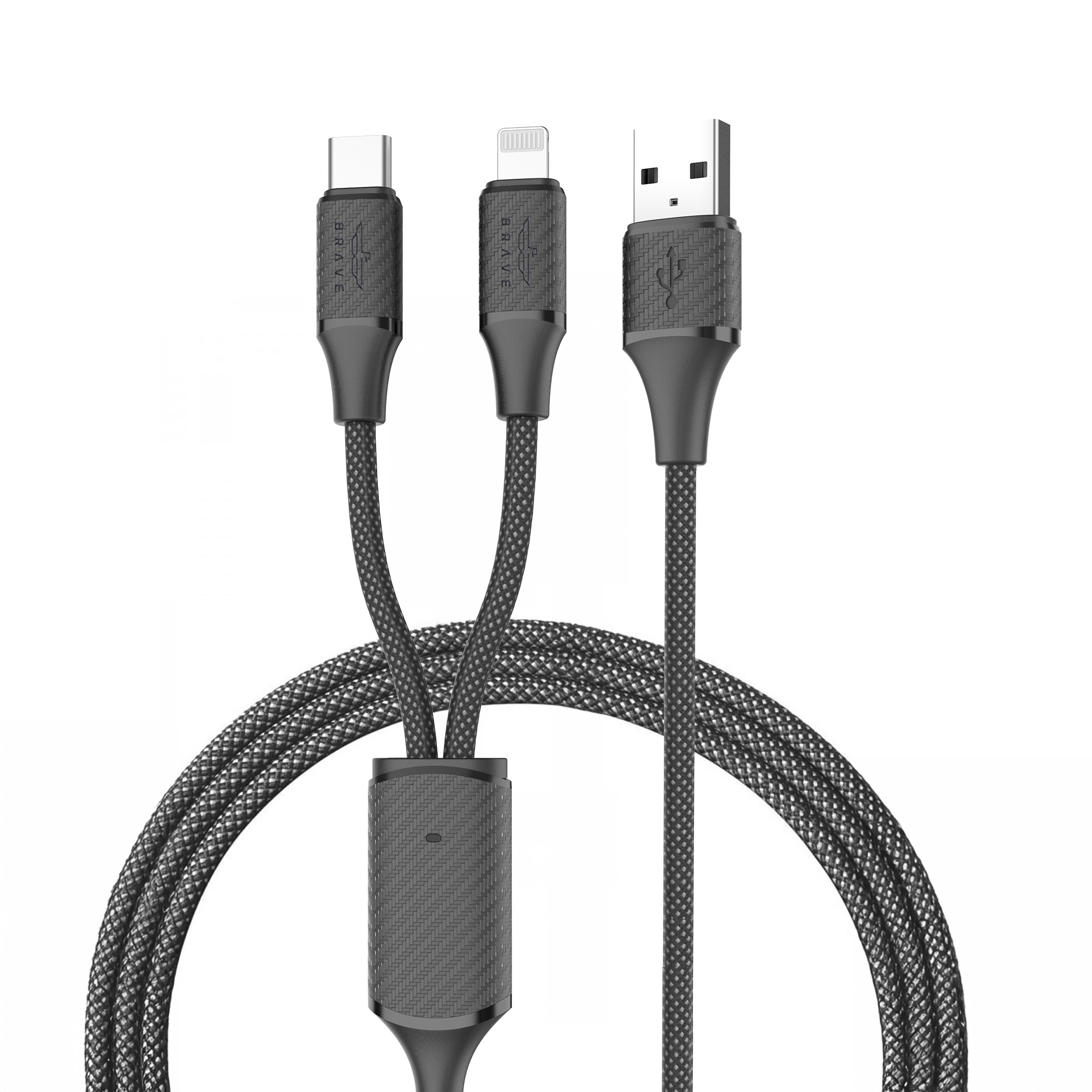 كابل BRAVE BDC-44 2 في 1 للشحن السريع 6A من USB-A إلى Type-C وLightning، 120 واط مغلف بالنيلون، توافق عالمي، 1.2 متر - أسود
