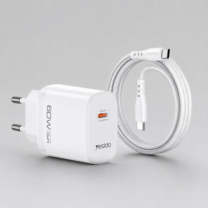 شاحن Yesido YC115 Type-C 40-60W AVS Dynamic السريع مع كابل Type-C إلى Type-C، قابس: قابس أوروبي (أبيض)