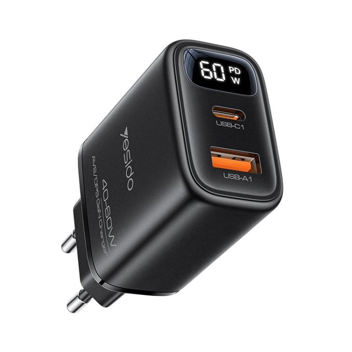 Yesido YC122 40-60 W شاحن عرض رقمي ثنائي الواجهة، قابس: قابس EU (أسود)