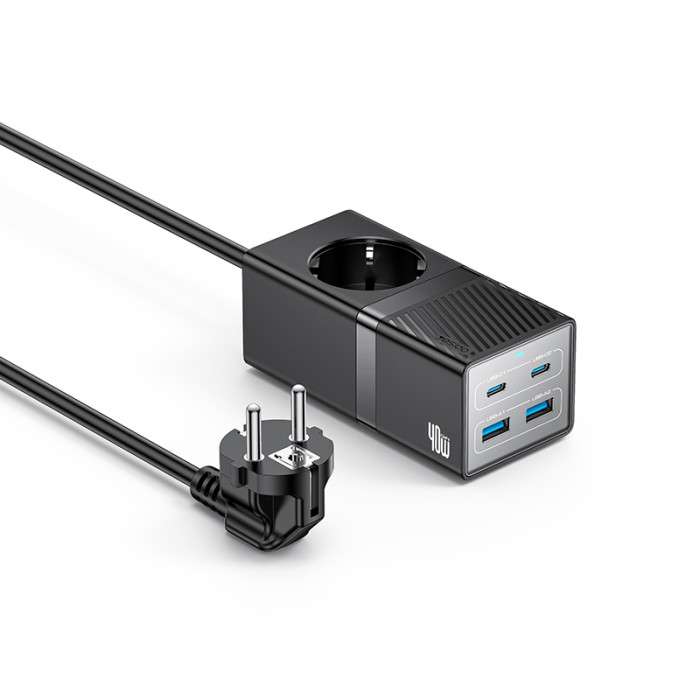 Yesido MC35 5-in-1 GaN Fast Charging Power Socket - 40W Total Power Hub with 2500W AC Outlet, 2 USB-C PD Ports & 2 USB-A QC3.0 Ports - European Standard Fireproof PC Desktop Charging Station - Black