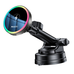 Yesido C315 15W Magnetic Wireless Car Charger Mount with Built-in Cooling Fan - 2-in-1 Suction Cup & Air Vent Phone Holder with Dynamic RGB Lights - Auto-Snap MagSafe Compatible Bracket - Black
