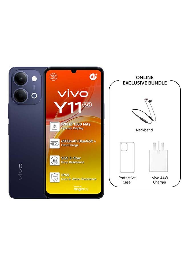 Vivo Y11 AI 5G أسود 4 جيجابايت رام 64 جيجابايت مع شريط رقبة حصري (شاحن وحافظة داخل صندوق الهاتف)