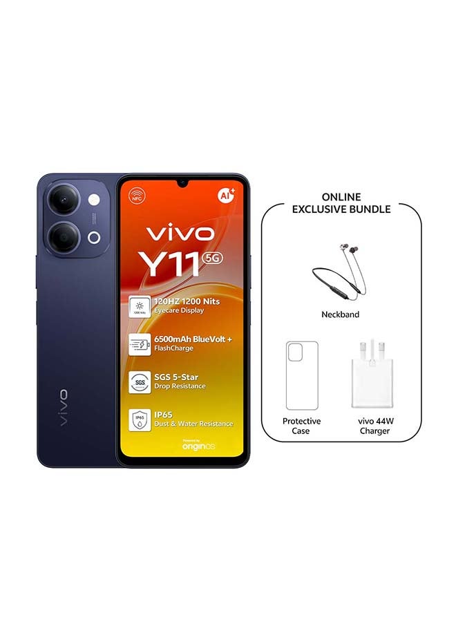 Vivo Y11 AI 5G أسود 4 جيجابايت رام 128 جيجابايت مع شريط رقبة حصري (شاحن وحافظة داخل صندوق الهاتف)