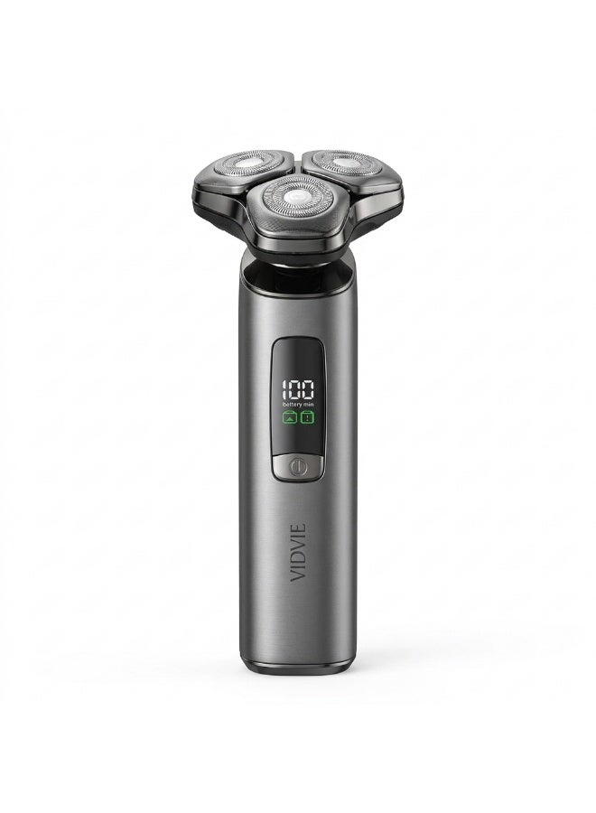 Vidvie ES02 Metal Electric Shaver for Men, 3D Floating Rotary Heads, IPX7 Waterproof Wet & Dry Shaving, LED Digital Display, Grey
