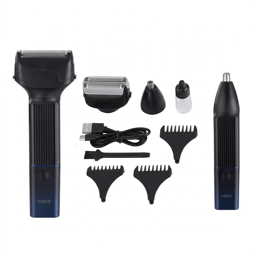 Vidvie 3-in-1 Hair Clippers, Cordless Type-C Rechargeable Grooming Kit with Interchangeable Heads for Hair, Beard, Nose and Ear Trimming, Black, ES01